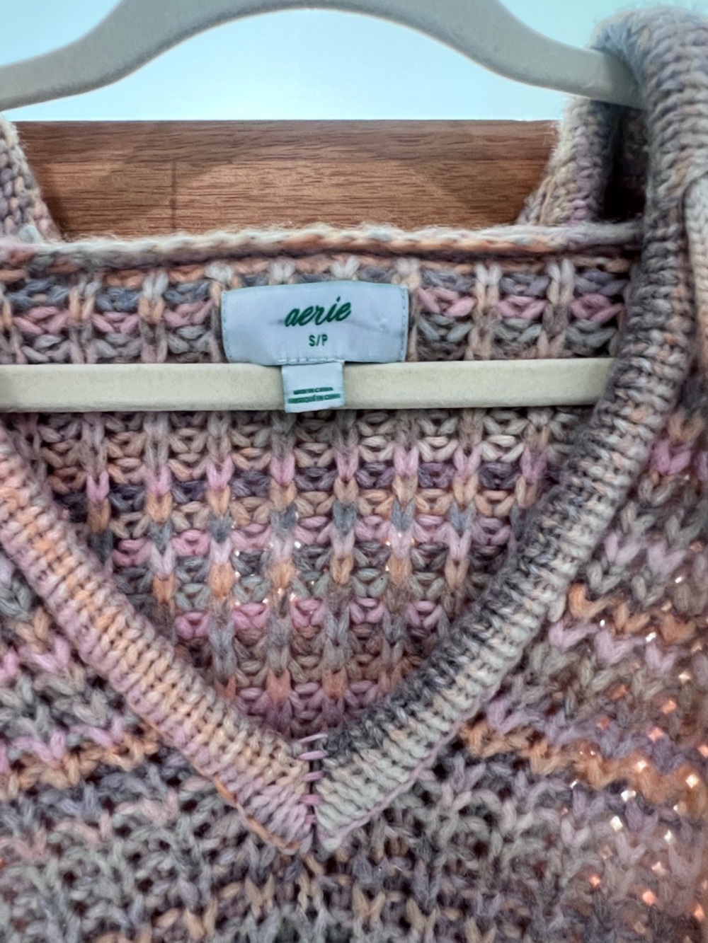 Aerie Striped Knit Pullover Hoodie Sweater Pink Gray Beige Women's S - Picture 2 of 6